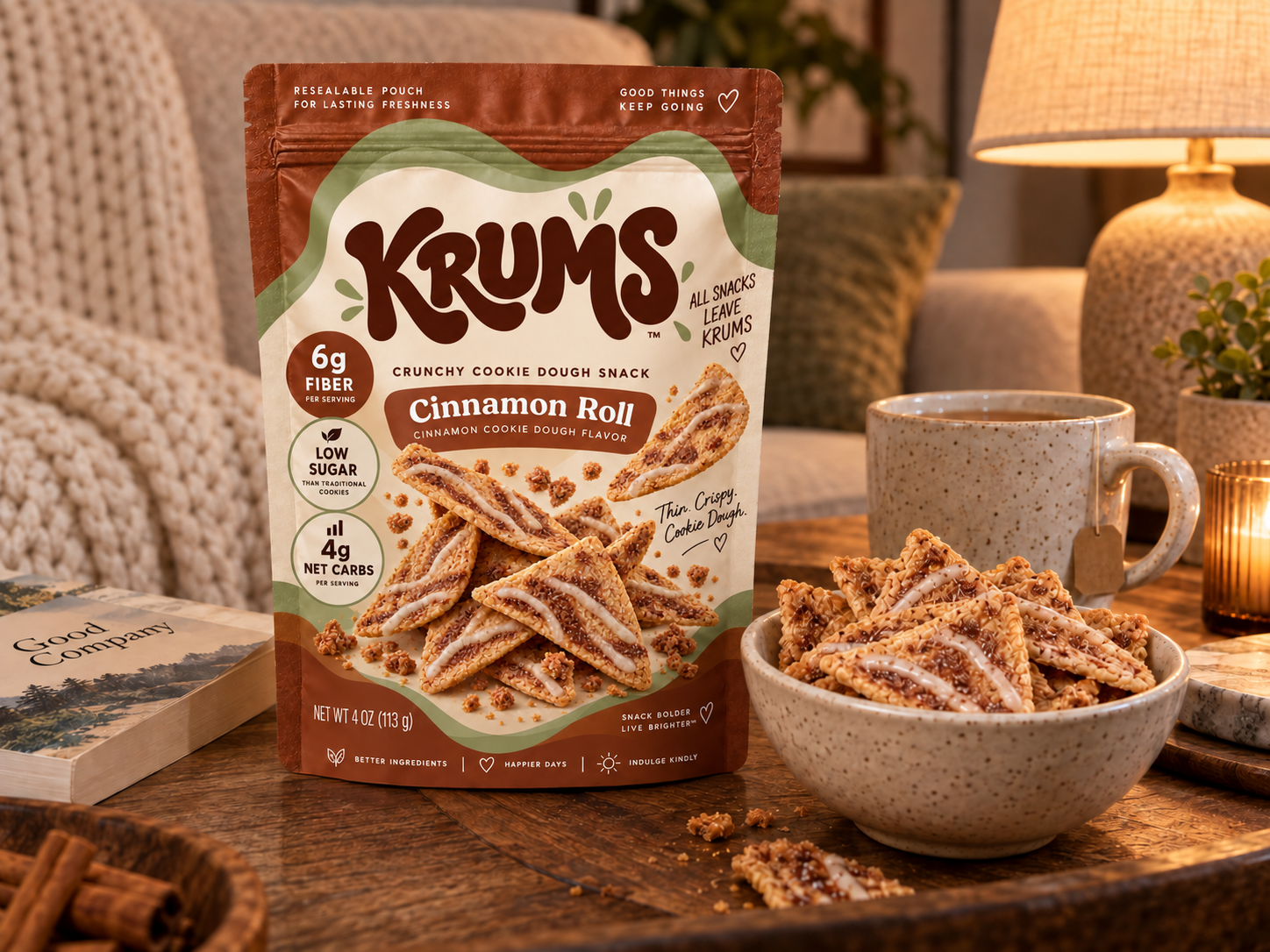 Krums snack in a cozy setting